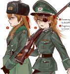  1girl alternate_costume belt black_belt black_gloves black_hat black_necktie blue_eyes blush bolt_action breast_pocket buttons coat collared_shirt commentary_request cowboy_shot empty_eyes eyepatch fur_hat german_text gloves green_coat green_hat green_jacket green_pants green_scarf gun hammer_and_sickle hat hat_ornament highres holding holding_gun holding_weapon jacket korean_commentary lapels long_hair long_sleeves looking_at_viewer looking_to_the_side mauser_98 military military_hat military_jacket military_uniform min_do-sik multiple_views nationale_volksarmee necktie neon_genesis_evangelion numbered open_mouth orange_hair over_shoulder own_hands_together pants peaked_cap pocket rifle scarf shirt simple_background sniper_rifle souryuu_asuka_langley standing star_(symbol) star_hat_ornament teeth walking weapon weapon_over_shoulder white_background white_shirt 