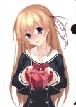  1girl blonde_hair blush bow box buttons chaos;child chest_bow chocolate collarbone cropped_jacket double-breasted dress_vest fingernails food gift hair_between_eyes hair_ribbon heart-shaped_box hekiho_academy_school_uniform holding holding_chocolate holding_food holding_gift kurusu_nono lips long_hair long_sleeves miniskirt official_art open_mouth purple_eyes red_bow red_ribbon ribbon sailor_collar sasaki_mutsumi school_uniform science_adventure skirt solo tongue valentine white_sailor_collar 
