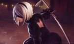  artist_name backlighting black_dress black_gloves blindfold blurry covered_eyes depth_of_field dress gloves hairband holding holding_sword holding_weapon juliet_sleeves katana koyorin long_sleeves mole mole_under_mouth nier_(series) nier_automata outstretched_arm parted_lips puffy_sleeves red_lips short_hair silver_hair solo sword tassel unsheathed upper_body watermark weapon web_address yorha_no._2_type_b 