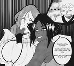  2girls bleach blush breasts comic dark_skin finger_in_another&#039;s_mouth finger_in_another's_mouth finger_in_mouth huge_breasts inoue_orihime kurosaki_ichigo monochrome multiple_girls nosebleed shihouin_yoruichi sweat yuri 