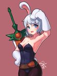  absurdres animal_ears bad_id bad_pixiv_id blue_eyes blush breasts bunny_ears bunny_girl bunny_tail bunnysuit carrot cleavage eyebrows_visible_through_hair highres large_breasts league_of_legends lee_seok_ho open_mouth pantyhose riven_(league_of_legends) short_hair solo sword tail weapon white_hair 