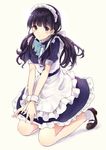  apron commentary_request dress grey_eyes kashiwagi_chisame long_hair low_twintails maid maid_apron maid_headdress original puffy_short_sleeves puffy_sleeves purple_dress purple_hair short_sleeves sitting solo twintails v_arms wariza wrist_cuffs 