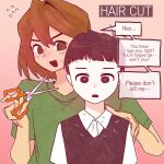  2boys alternate_costume antenna_hair black_eyes black_hair black_sweater_vest blush bright_pupils brown_eyes brown_hair collared_shirt cutting_hair dark-skinned_male dark_skin double-parted_bangs english_text flying_sweatdrops green_shirt hair_between_eyes highres holding holding_scissors kel_(faraway)_(omori) kel_(omori) looking_at_another male_focus multiple_boys omori open_mouth pink_background pyoppyop_omori scissors shirt short_hair short_sleeves simple_background speech_bubble sunny_(omori) sweat sweater_vest t-shirt white_pupils white_shirt 