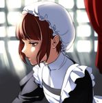  alternate_costume apron bad_id bad_pixiv_id bangs blunt_bangs blurry brown_eyes curtains depth_of_field enmaided eyebrows eyebrows_visible_through_hair eyelashes flat_chest frills from_side hat juliet_sleeves kantai_collection long_sleeves maid maid_apron maid_cap nonomori parted_lips profile puffy_sleeves shade short_hair sidelocks sketch solo upper_body window z3_max_schultz_(kantai_collection) 