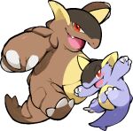  blush blush_stickers bright_pupils claws commentary_request fang full_body kangaskhan kawaanago lowres mega_kangaskhan mega_pokemon mother_and_child no_humans open_mouth pokemon pokemon_(creature) pokemon_focus red_eyes smile transparent_background white_pupils 