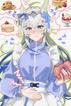  1girl absurdres ahoge alternate_costume animal_ears apron blue_eyes blue_hair blue_jacket cake choripan cookie donut eating food frilled_apron frills fruit grey_hair hair_between_eyes hair_ornament hairclip highres holding holding_donut holding_food horse_ears horse_girl jacket jersey_maid long_hair long_sleeves maid maid_apron maid_headdress multicolored_hair oguri_cap_(umamusume) pancake pancake_stack parfait solo speech_bubble stomach_growling strawberry streaked_hair thought_bubble track_jacket umamusume umamusume:_cinderella_gray unconventional_maid waist_apron white_apron white_headdress 