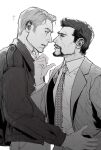  2boys avengers_(series) checkered_clothes checkered_shirt collared_shirt cowboy_shot facial_hair formal_clothes greyscale half-closed_eyes hand_up highres index_finger_raised jacket lanita_1212 lapels long_sleeves looking_at_another male_focus marvel monochrome multiple_boys necktie notice_lines open_clothes open_jacket pants puffy_long_sleeves puffy_sleeves shirt short_hair simple_background smile standing steve_rogers teeth tony_stark yaoi 