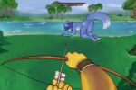all_fours anthro arrow_(weapon) blue_body blue_fur blue_hair bow_(weapon) breasts butt canid canine digital_media_(artwork) drinking drinking_water duo eyes_closed feet female fingers first_person_view forest fox fur gameplay_mechanics genitals gui hair health_bar holding_bow_(weapon) holding_object holding_ranged_weapon holding_weapon krystal_(star_fox) mammal mrs._stein nintendo nipples nude outdoor_nudity outside plant pokemon ranged_weapon smile star_fox tail text toes tree vulva water weapon