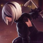  backlighting black_dress black_gloves blindfold blurry covered_eyes depth_of_field dress gloves hairband holding holding_sword holding_weapon juliet_sleeves katana koyorin long_sleeves mole mole_under_mouth nier_(series) nier_automata outstretched_arm parted_lips puffy_sleeves red_lips short_hair silver_hair solo sword tassel unsheathed upper_body weapon yorha_no._2_type_b 