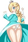  artist_request ass blonde_hair blue_eyes blush crown dress earrings from_behind hair_over_one_eye looking_back open_mouth panties parted_lips pixiv_manga_sample resized rosetta_(mario) solo super_mario_galaxy super_mario_world upskirt wand white_background 