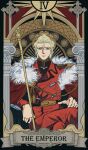  1boy aiguillette arch blue_eyes bright_pupils cape card_(medium) char's_counterattack char_aznable closed_mouth column commentary cross crossed_legs fur-trimmed_cape fur_trim gundam hendecagram highres jacket laurel_crown looking_at_viewer male_focus mikazuki121410 military_jacket military_uniform pillar red_cape red_jacket roman_numeral sitting sitting_on_throne solo staff straight-on sun_symbol tarot tarot_(medium) tassel the_emperor_(tarot) white_pupils 