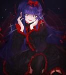  1girl absurdres black_dress black_souls black_souls_2 black_thighhighs blue_hair blunt_bangs bow dress frilled_dress frilled_sleeves frills garter_straps gothic_lolita hair_bow halo highres hime_cut lolita_fashion long_hair long_sleeves looking_at_viewer mabel_(black_souls) open_mouth puffy_long_sleeves puffy_sleeves red_bow red_halo ripples smile solo taigaphan thighhighs very_long_hair 