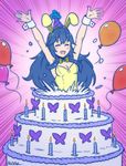  akairiot animal_ears balloon birthday_cake blue_hair breasts bunny_ears bunnysuit cake candle cleavage emphasis_lines fire_emblem fire_emblem:_kakusei food hat in_food long_hair lucina oversized_food party_hat small_breasts smile solo 