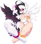  arm_behind_head bad_id bad_tumblr_id black_hair black_wings breasts cleavage full_body halo highres horn large_breasts long_hair multicolored multicolored_hair multicolored_skin original pale_skin pink_eyes slugbox smile solo split_theme transparent_background two-tone_hair two-tone_skin white_wings wings 