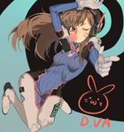  animal_print arm_up armor bangs bodysuit boots breasts brown_eyes brown_hair bubble_blowing bunny bunny_print character_name chewing_gum d.va_(overwatch) facepaint facial_mark finger_gun gloves headphones high_collar long_hair one_eye_closed otuming overwatch pilot_suit pointing shoulder_pads small_breasts solo thigh_boots thigh_gap thighhighs turtleneck whisker_markings white_footwear white_gloves 