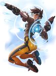  ass bodysuit brown_hair downscaled dual_wielding goggles gun handgun holding md5_mismatch midair mike_nesbitt orange_bodysuit overwatch resized solo tracer_(overwatch) weapon 