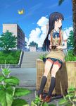  black_hair black_legwear blue_sky breasts bug butterfly camera cloud day domo1220 highres insect kneehighs loafers long_hair miniskirt original school_uniform shoes sitting skirt sky small_breasts solo sweater_vest 