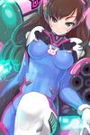  :3 armcho blue_eyes blurry breasts brown_hair closed_mouth cowboy_shot d.va_(overwatch) depth_of_field dutch_angle eyelashes facepaint facial_mark gatling_gun gloves gun holographic_interface leg_up long_hair looking_at_viewer mecha medium_breasts meka_(overwatch) overwatch skin_tight smile solo tsurime weapon whisker_markings white_gloves 