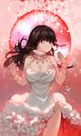  alternate_costume alternate_hair_color black_hair breast_tattoo breasts dress earrings fate/stay_night fate_(series) jewelry joseph_lee large_breasts long_hair matou_sakura moon purple_eyes red_moon side_slit solo tattoo what_if white_dress 