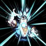  1boy black_background blue_eyes blue_hair blue_sash blue_shirt cowboy_shot dougi dragon_ball dragon_ball_super earrings energy_ball gloves glowing highres jewelry male_focus medium_hair momin_3180 orange_shirt potara_earrings sash shirt simple_background smirk solo spiked_hair super_saiyan super_saiyan_blue vegetto white_gloves 