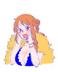  1girl bangle blush bracelet braid braided_sidelock breasts capelet cleavage collarbone commentary_request fur-trimmed_capelet fur_trim gold_choker hands_on_own_cheeks hands_on_own_face jewelry large_breasts looking_at_viewer nami_(one_piece) official_alternate_costume official_alternate_hairstyle one_piece open_mouth orange_eyes orange_hair rnolmol sidelocks solo tears upper_body white_background yellow_capelet 