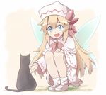  :d animal black_cat blonde_hair blue_eyes blush bow cat fairy_wings full_body hand_on_own_knee hat lily_white loafers long_hair long_sleeves loose_socks open_hand open_mouth ribbon shoes smile socks solo squatting touhou wide_sleeves wings yutamaro 