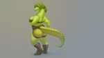  16:9 2016 anthro big_breasts breasts butt clothed clothing dragon female fuzzamorous green_hair green_scales grey_background hair holding_breast legwear lingerie looking_at_viewer looking_back morin_(cosmicminerals) scales simple_background skimpy slightly_chubby socks solo standing 