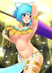  alternate_breast_size alternate_costume alternate_hairstyle areola_slip areolae arm_up armlet armpits belly blue_eyes blue_hair blush bouncing_breasts bracelet breasts cleavage closed_umbrella cowboy_shot dancer dancing detached_collar forehead_jewel gradient_hair hatchet heterochromia highres hitotsuki_nebura jewelry large_breasts looking_at_viewer multicolored_hair navel no_bra nose_blush oriental_umbrella pelvic_curtain ponytail purple_hair red_eyes revealing_clothes sarong see-through short_hair solo sparkle sweat tatara_kogasa thighlet tongue tongue_out touhou two-tone_hair umbrella underboob 