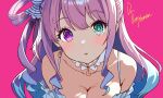  1girl alternate_costume blue_eyes blue_hair blush breasts cleavage crescent crescent_necklace dr._junyaman dress heterochromia himemori_luna hololive jewelry looking_at_viewer medium_breasts necklace one_side_up open_mouth pink_background pink_hair purple_eyes smile solo virtual_youtuber white_dress 