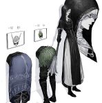  1girl 2boys absurdres armor black_bodice black_boots black_capelet black_hood blue_surcoat boots capelet dress elden_ring elden_ring_nightreign helmet highres holding holding_mace holding_weapon hood hood_up ironeye_(elden_ring) lower_body mace multiple_boys multiple_views nun photo_(object) red_eyes scale_armor standing stuck sunset_1830 through_wall undertaker_(elden_ring) weapon white_dress winged_helmet wylder_(elden_ring) 