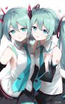  2girls aqua_hair aqua_nails aqua_necktie aqua_trim arm_tattoo asahi_kuroi black_skirt blush breasts collared_shirt commentary countdown_illustration detached_sleeves dual_persona hair_between_eyes hair_ornament hatsune_miku hatsune_miku_(vocaloid4) hatsune_miku_(vocaloid4)_(chinese) headset highres light_blush long_hair long_sleeves looking_at_viewer medium_breasts multiple_girls necktie number_tattoo open_mouth shirt signature simple_background skirt sleeveless sleeveless_shirt smile tattoo twintails v4x very_long_hair vocaloid white_background white_shirt wide_sleeves 