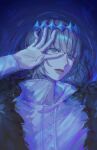  1boy absurdres black_fur blue_eyes commentary crown fate/grand_order fate_(series) fur_trim highres oberon_(fate) oberon_(third_ascension)_(fate) shirt short_hair signature solo suidrawsui white_shirt 