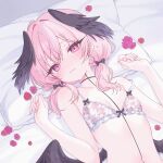  1girl :3 absurdres arms_at_sides bare_arms bare_shoulders bed_sheet bedroom black_ribbon black_wings blue_archive blush bra choker closed_mouth commentary curled_fingers dot_nose double-parted_bangs eyelashes feathered_wings flat_chest floral_print floral_print_bra fluffy_hair frilled_bra frills from_above hair_over_shoulder hair_ribbon head_on_pillow head_wings highres indoors koharu_(blue_archive) looking_at_viewer low_twintails lying medium_hair navel on_back on_bed petals pillow pink_eyes pink_hair pink_nails print_bra raised_eyebrows ribbon ribbon_around_body ribbon_choker smile solo stomach strap_slip symbol-only_commentary twintails underwear underwear_only upper_body wings zxcsque 