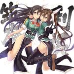  :d ;) absurdres ass black_gloves black_hair black_legwear boots breasts brown_hair chikuma_(kantai_collection) gloves groin highres jpeg_artifacts kantai_collection large_breasts long_hair multiple_girls one_eye_closed open_mouth pelvic_curtain remodel_(kantai_collection) satou_daiji single_thighhigh smile thighhighs tone_(kantai_collection) twintails v v-shaped_eyebrows 