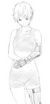  commentary crop_top greyscale hand_on_own_wrist highres looking_at_viewer midriff monochrome navel niwatazumi original prosthesis prosthetic_arm prosthetic_leg short_hair shorts sketch solo white_background 