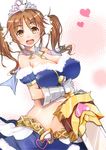  :d alternate_costume bare_shoulders blush breasts brown_eyes brown_hair cleavage detached_sleeves gaichi granblue_fantasy heart idolmaster idolmaster_cinderella_girls jewelry large_breasts looking_at_viewer open_mouth short_hair skirt smile solo sword tiara totoki_airi twintails weapon 
