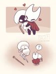  2girls ? aged_down arthropod_girl artist_name black_eyes black_skin blank_eyes character_doll cloak colored_skin doll full_body heart highres holding holding_doll hollow_knight hollow_knight:_silksong horned_mask hornet_(hollow_knight) horns hug lace_(hollow_knight) lying mask meme multiple_girls on_side oru_(0ruru_0ru95) parody pin_(hollow_knight) red_cloak scene_reference spoken_question_mark white_eyes white_mask yamcha_pose_(meme) 