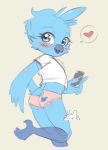  &lt;3 anthro avian beak bird blue_eyes blue_fur blush bongo_cat bunnybits butt clothing cub female fur logo looking_back meme panties phone pink_panties shirt simple_background solo speech_bubble tweetfur twitter underwear wings young 