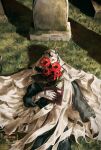  1boy black_coat charon_(reverse:1999) coat covered_face dog_tags flower gloves grave hakyusiku hand_on_own_chest highres holding holding_dog_tags holding_notebook lying male_focus notebook on_back on_grass poppy_(flower) red_flower reverse:1999 shadow solo tombstone upper_body veil watermark white_flower white_gloves white_veil 