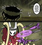 2025 2_horns 2_panel_comic absurd_res ambiguous_gender arthropod black_arms black_eyes black_text cloak clothing cogfly comic dialogue duo empty_eyes english_text groal_the_great hi_res hollow_knight:_silksong hollow_knight_(franchise) horn hornet_(hollow_knight) humor iiimp insect larva maggot marvel meme moon_knight_(series) question_mark red_cloak red_clothing signature speech_bubble talking_to_another team_cherry text throwing_weapon weapon