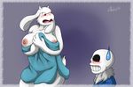  2016 animated_skeleton areola big_breasts black_sclera blue_background blush bone boss_monster breasts caprine chikiota clothed clothing duo english_text exposed_breasts female fur goat horn huge_breasts male mammal nipples open_mouth pink_nipples red_eyes sans_(undertale) signature simple_background skeleton sweat teeth text tongue toriel towel undead undertale video_games water wet white_fur white_horn yellow_eyes 
