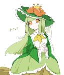  :< ayaka_488 crown dress flower frilled_dress frills green_dress green_hair green_hat hat highres lilligant long_hair looking_at_viewer orange_eyes orange_flower personification ribbon simple_background 