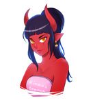  1girl bare_shoulders black_hair breasts earrings highres horns jewelry lips long_hair looking_at_viewer ponytail red_skin simple_background smile solo superboin upper_body white_background yellow_eyes 