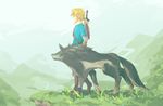  blonde_hair dual_persona link link_(wolf) male_focus ponytail shield short_ponytail standing the_legend_of_zelda the_legend_of_zelda:_breath_of_the_wild the_legend_of_zelda:_twilight_princess wolf yomogi_meshi 