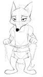  alec8ter anthro black_and_white canine clothed clothing clothing_lift crossdressing disney dress erection fox garter_belt garter_straps half-closed_eyes legwear looking_at_viewer male mammal monochrome nick_wilde penis sketch skirt skirt_lift solo stockings zootopia 