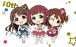  amami_haruka anniversary brown_eyes brown_hair chibi crown green_eyes hair_ornament hair_ribbon hairclip half_updo highres idolmaster idolmaster_(classic) idolmaster_cinderella_girls idolmaster_million_live! kasuga_mirai long_hair looking_at_viewer mini_crown multiple_girls mycstea one_eye_closed one_side_up open_mouth ribbon shimamura_uzuki short_hair skirt smile star!! trait_connection 