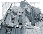  3boys arm_guards bandaged_arm bandages bandaid bandaid_on_face fate/grand_order fate_(series) forehead_protector gloves greyscale hakama haori haori_on_shoulders harada_sanosuke_(fate) harada_sanosuke_(teal_haori_and_hakama)_(fate) highres holding holding_polearm holding_sword holding_weapon japanese_clothes kimono leaning_on_person leaning_to_the_side long_hair low_ponytail medium_sideburns monochrome multiple_boys multiple_scars nagakura_shinpachi_(fate) nagakura_shinpachi_(third_ascension)_(fate) partially_fingerless_gloves polearm ponytail scar scar_on_arm scar_on_cheek scar_on_face scar_on_forehead shinsengumi_(fate) sitting sleeping sleeping_upright sleeveless sleeveless_kimono spiked_headband sweat sword tasuki toramaru_(696anna) toudou_heisuke_(fate) toudou_heisuke_(third_ascension)_(fate) weapon 