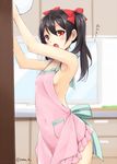  apron arms_up black_hair blush breasts covered_navel hair_ribbon hazuki_natsu indoors looking_at_viewer love_live! love_live!_school_idol_project naked_apron open_mouth pocket red_eyes red_ribbon ribbon sideboob small_breasts solo standing translated twintails twitter_username yazawa_nico 