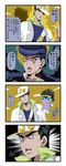  4koma anchor_print aura black_hair blue_eyes comic commentary_request earrings gakuran gloves hat headband heart higashikata_jousuke highres index_finger_raised jewelry jojo_no_kimyou_na_bouken kerchief kuujou_joutarou loincloth multiple_boys open_collar open_mouth outstretched_arms parody pointing pompadour puchimasu! purple_skin scarf school_uniform shaded_face spiked_hair spread_arms star_platinum style_parody surprised sweatdrop sweater translated wide-eyed yuureidoushi_(yuurei6214) 