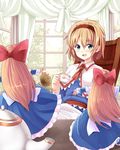  alice_margatroid blonde_hair blue_dress blue_eyes blush capelet chair cup curtains doll dress hair_ribbon hairband indoors long_hair long_sleeves necktie noa_(nagareboshi) open_mouth outstretched_arms phonograph ribbon sash shanghai_doll short_hair sitting smile teacup teapot touhou window 